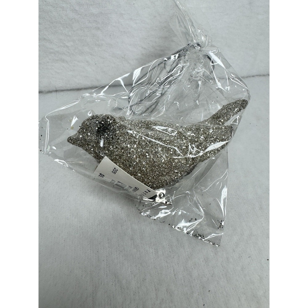 New Pottery Barn Glitter Bird Ornament Silver Christmas Decor Clip